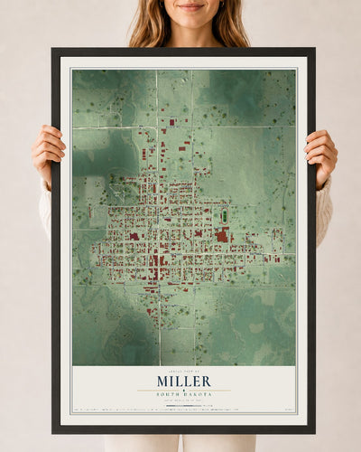 Map of Miller, South Dakota, 24 x 36 inch print in a black wood frame