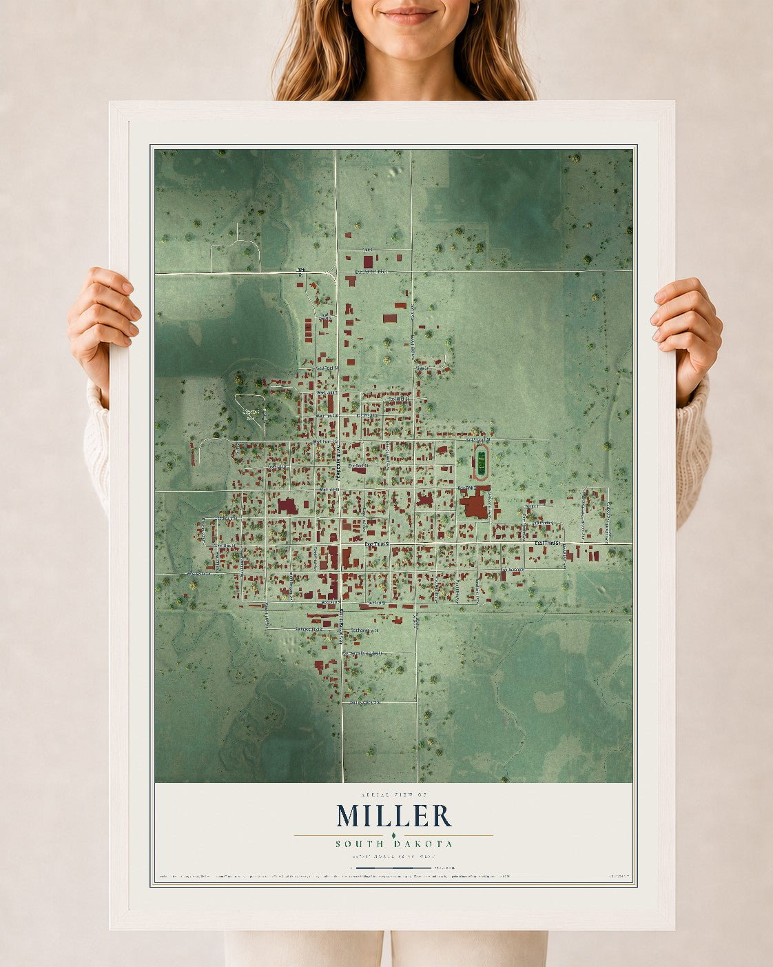 Map of Miller, South Dakota, 24 x 36 inch print in a white wood frame