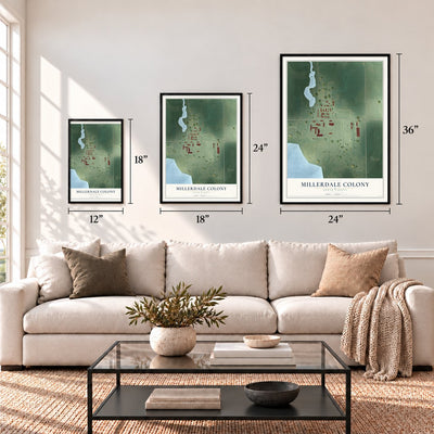 Millerdale Colony, South Dakota map in 12 x 18, 18 x 24 and 24 x 36 inch sizes above a sofa