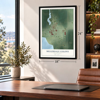 Millerdale Colony, South Dakota map, 18 x 24 inch print in a black frame in a home office
