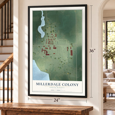 Millerdale Colony, South Dakota map, 24 x 36 inch print in a black frame by a staircase