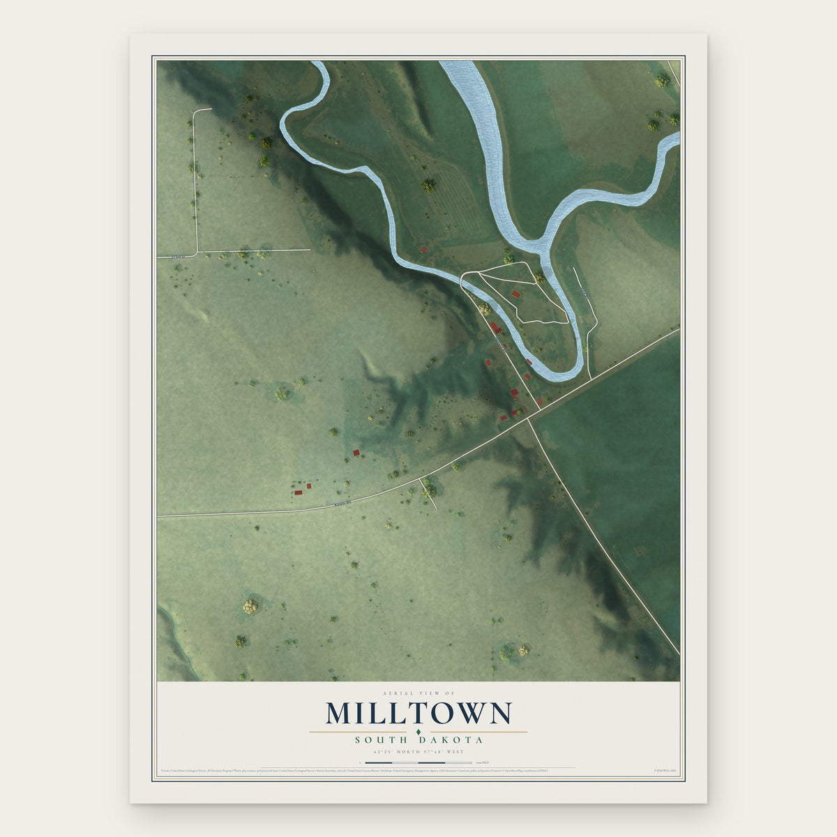 Milltown, South Dakota map print, the full design