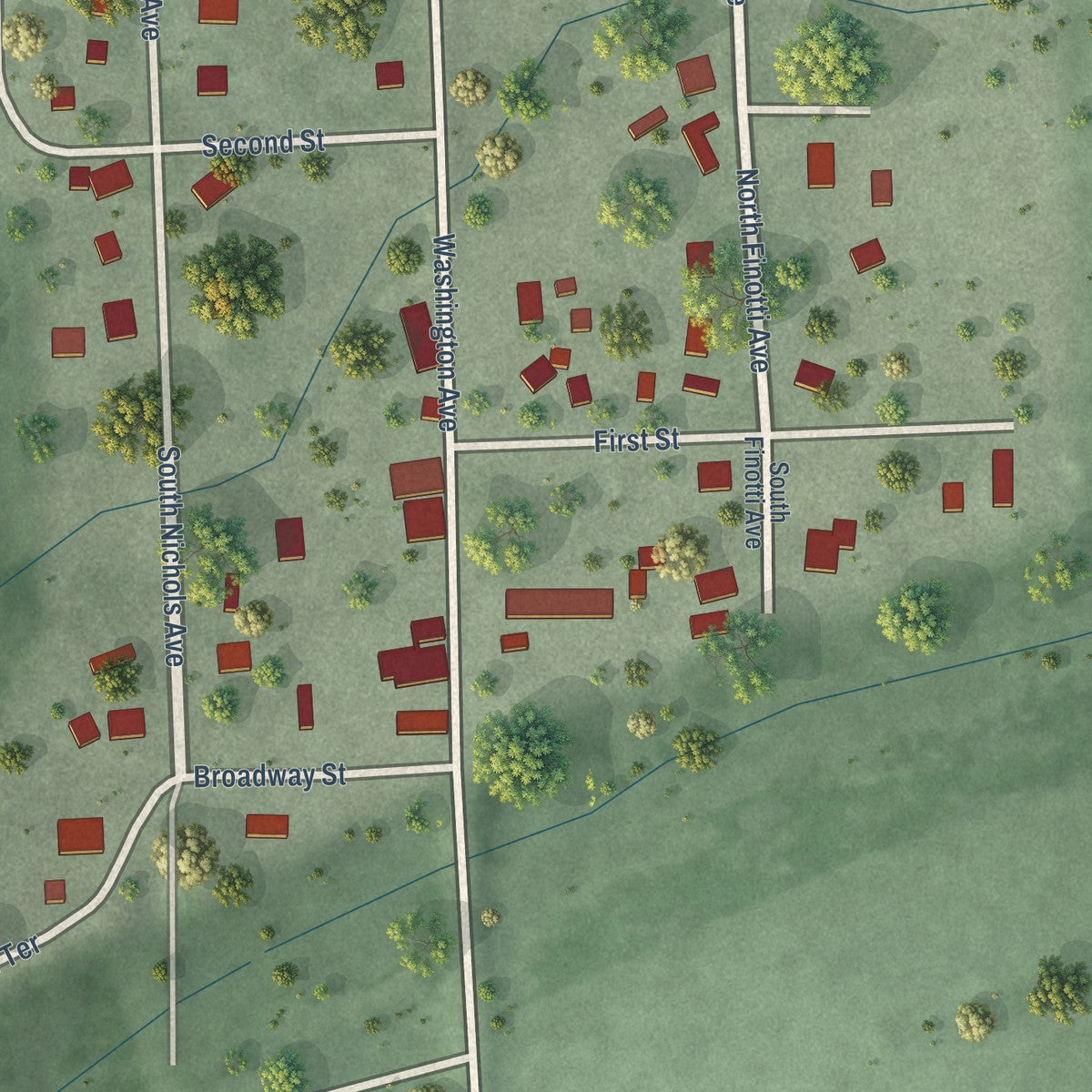 Close-up of the map of Mission Hill, South Dakota print showing street and building detail