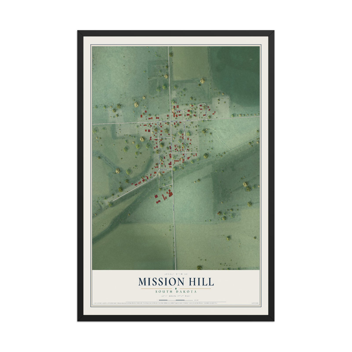 Map of Mission Hill, South Dakota, 12 x 18 inch print in a black wood frame