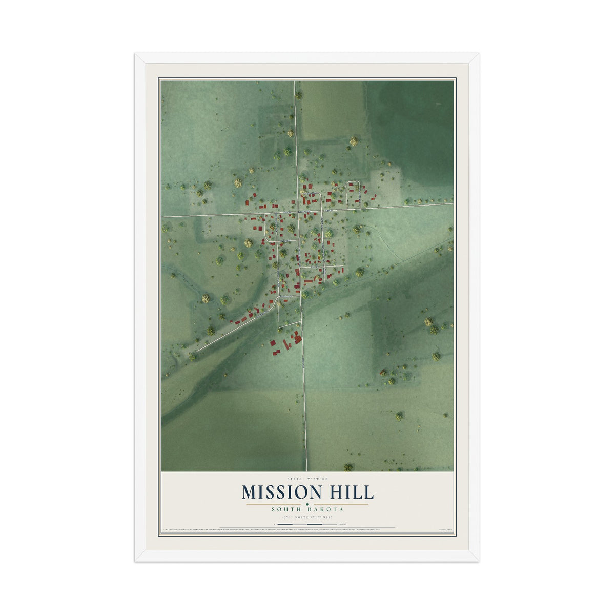 Map of Mission Hill, South Dakota, 12 x 18 inch print in a white wood frame