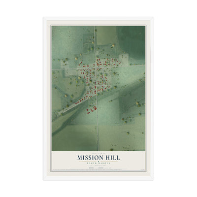 Map of Mission Hill, South Dakota, 12 x 18 inch print in a white wood frame