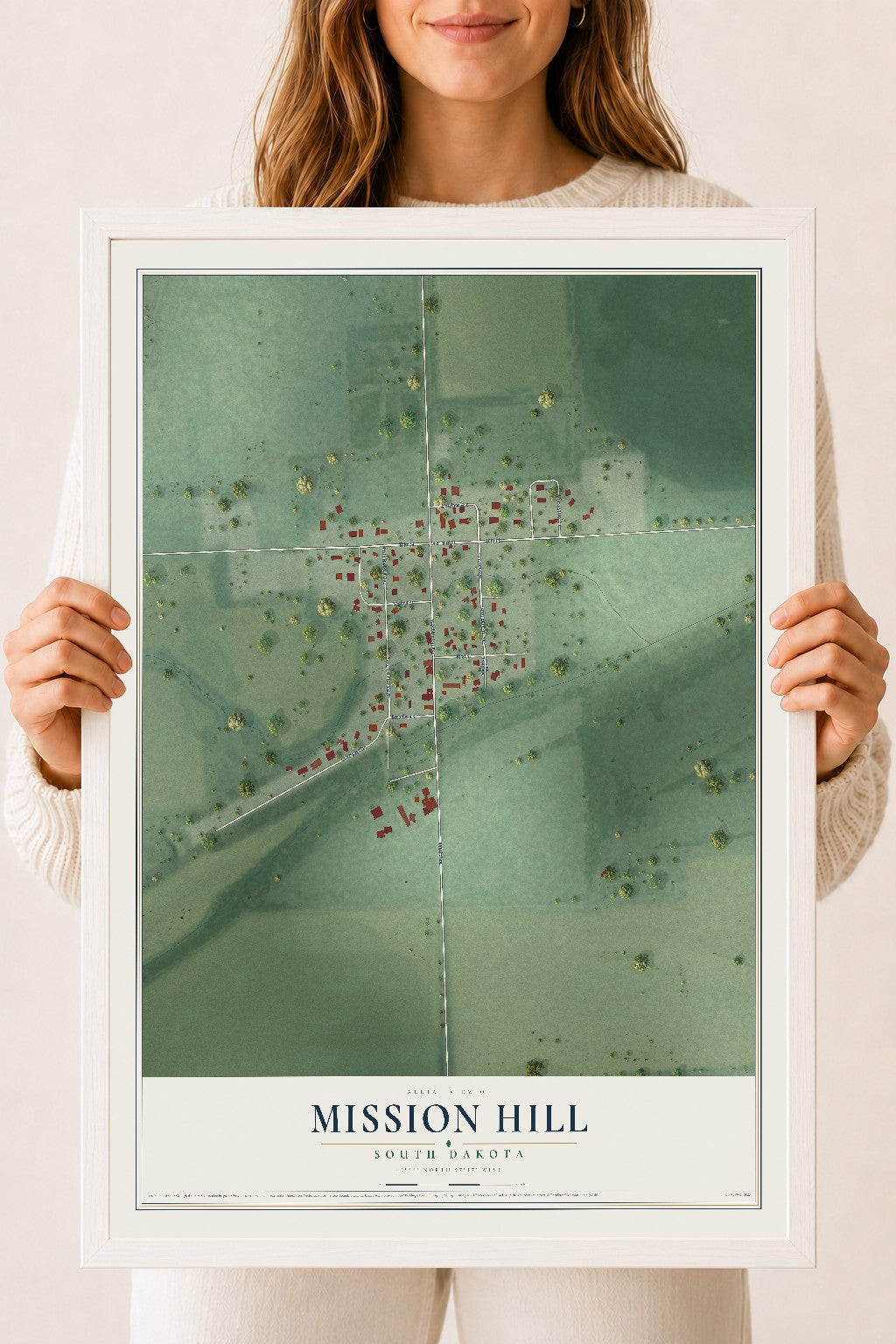 Map of Mission Hill, South Dakota, 18 x 24 inch print in a white wood frame