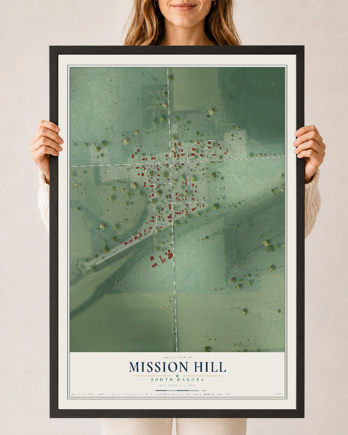 Map of Mission Hill, South Dakota, 24 x 36 inch print in a black wood frame