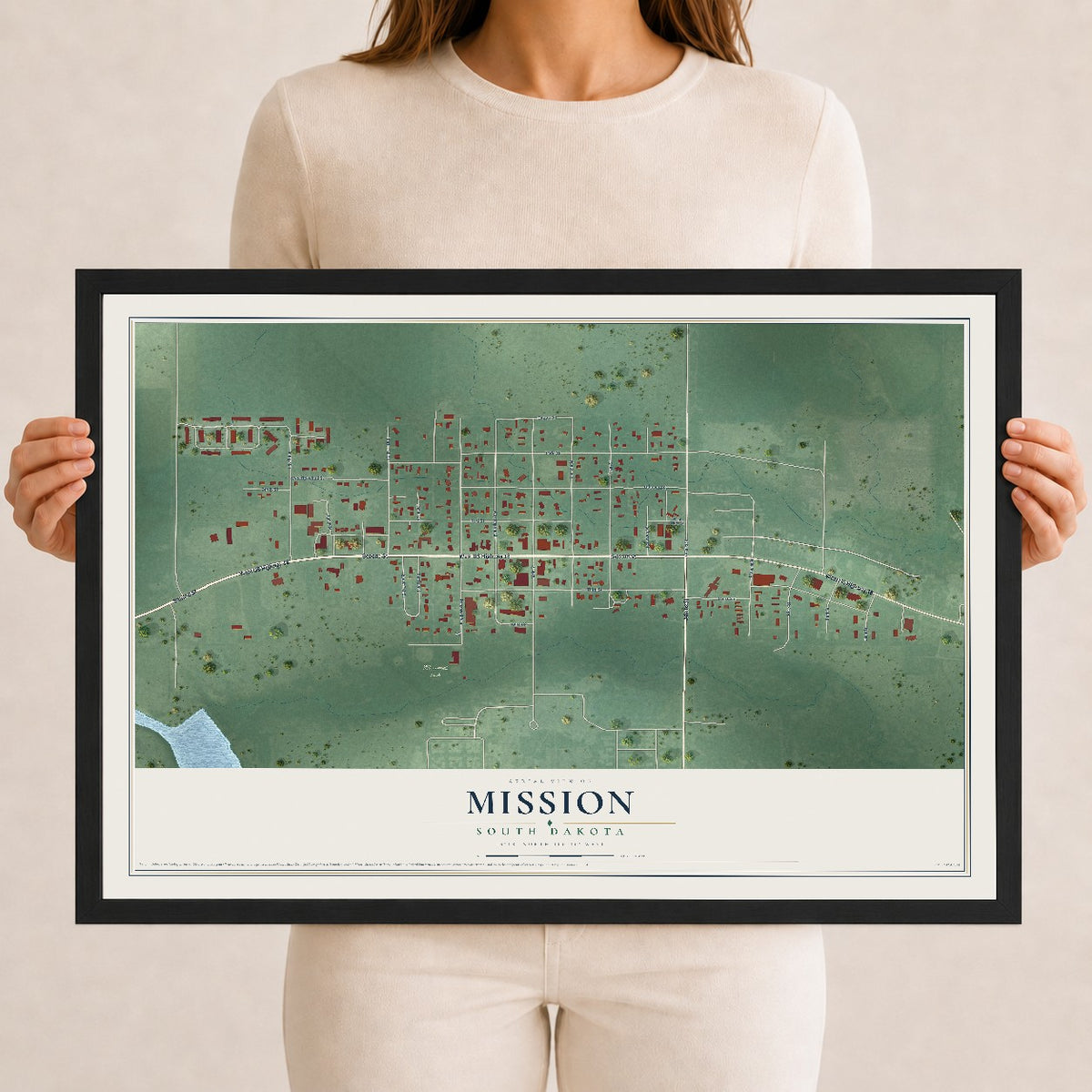 Map of Mission, South Dakota, 12 x 18 inch print in a black wood frame