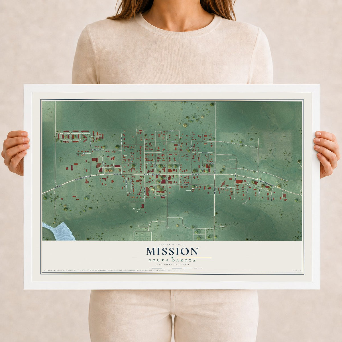 Map of Mission, South Dakota, 12 x 18 inch print in a white wood frame