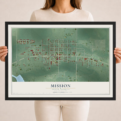 Map of Mission, South Dakota, 18 x 24 inch print in a black wood frame