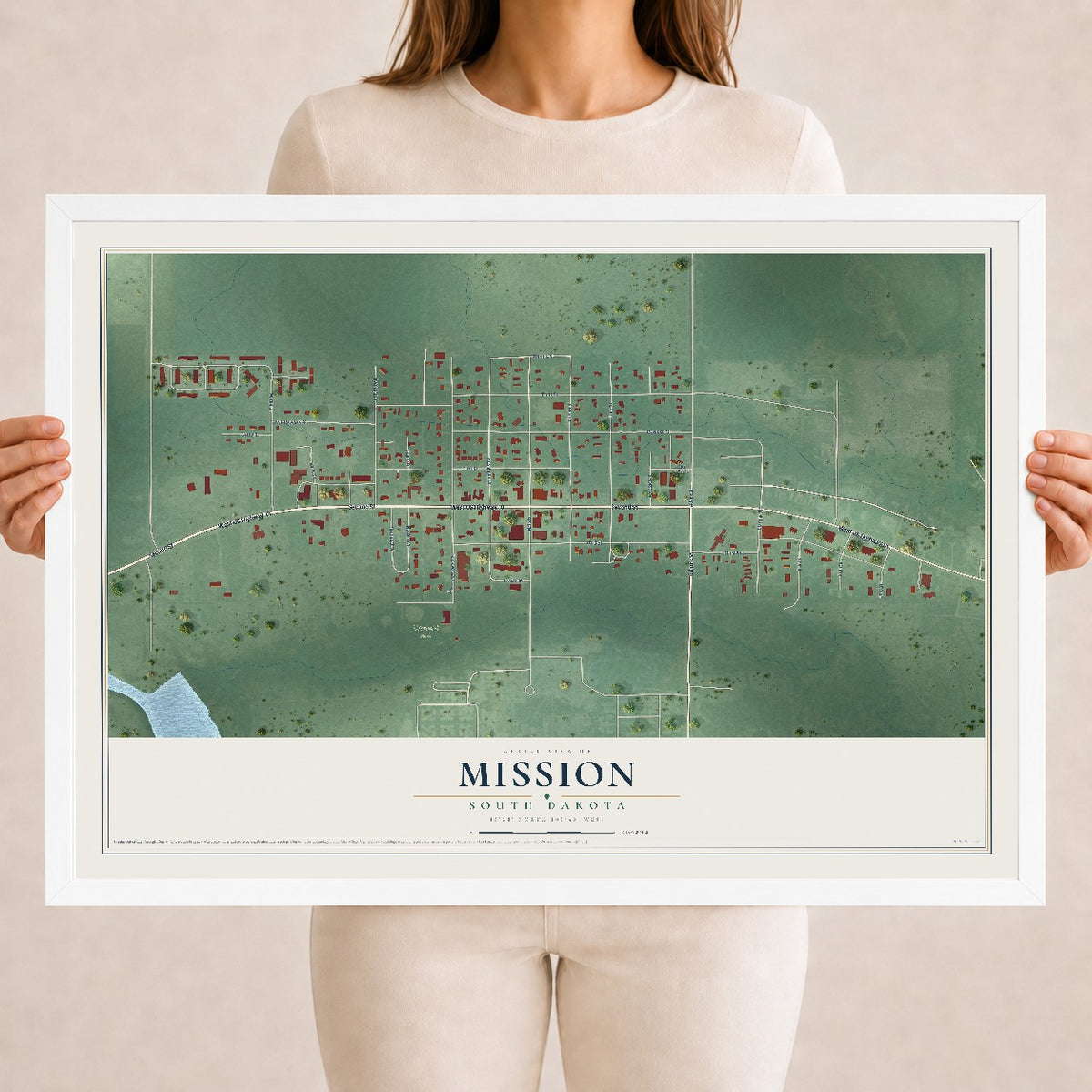 Map of Mission, South Dakota, 18 x 24 inch print in a white wood frame