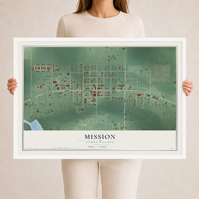 Map of Mission, South Dakota, 24 x 36 inch print in a white wood frame