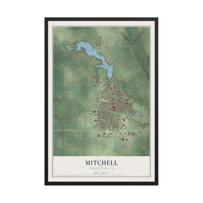 Map of Mitchell, South Dakota, 12 x 18 inch print in a black wood frame