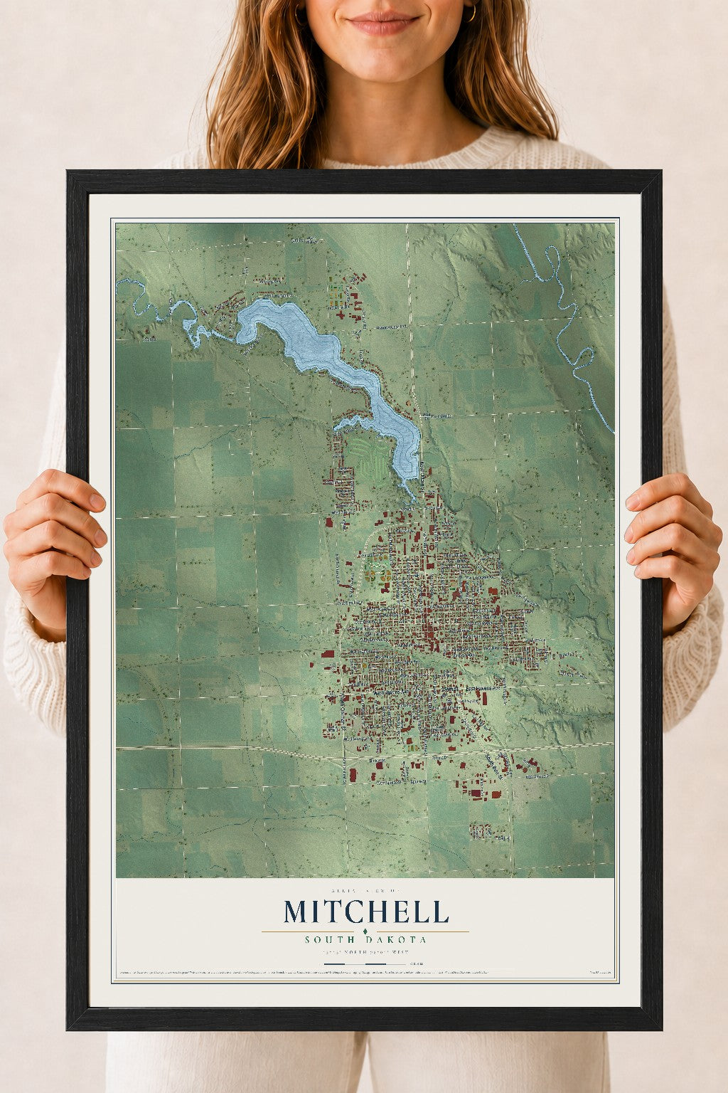 Map of Mitchell, South Dakota, 18 x 24 inch print in a black wood frame