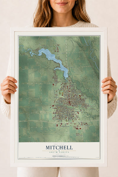Map of Mitchell, South Dakota, 18 x 24 inch print in a white wood frame