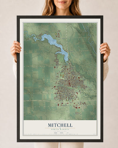 Map of Mitchell, South Dakota, 24 x 36 inch print in a black wood frame