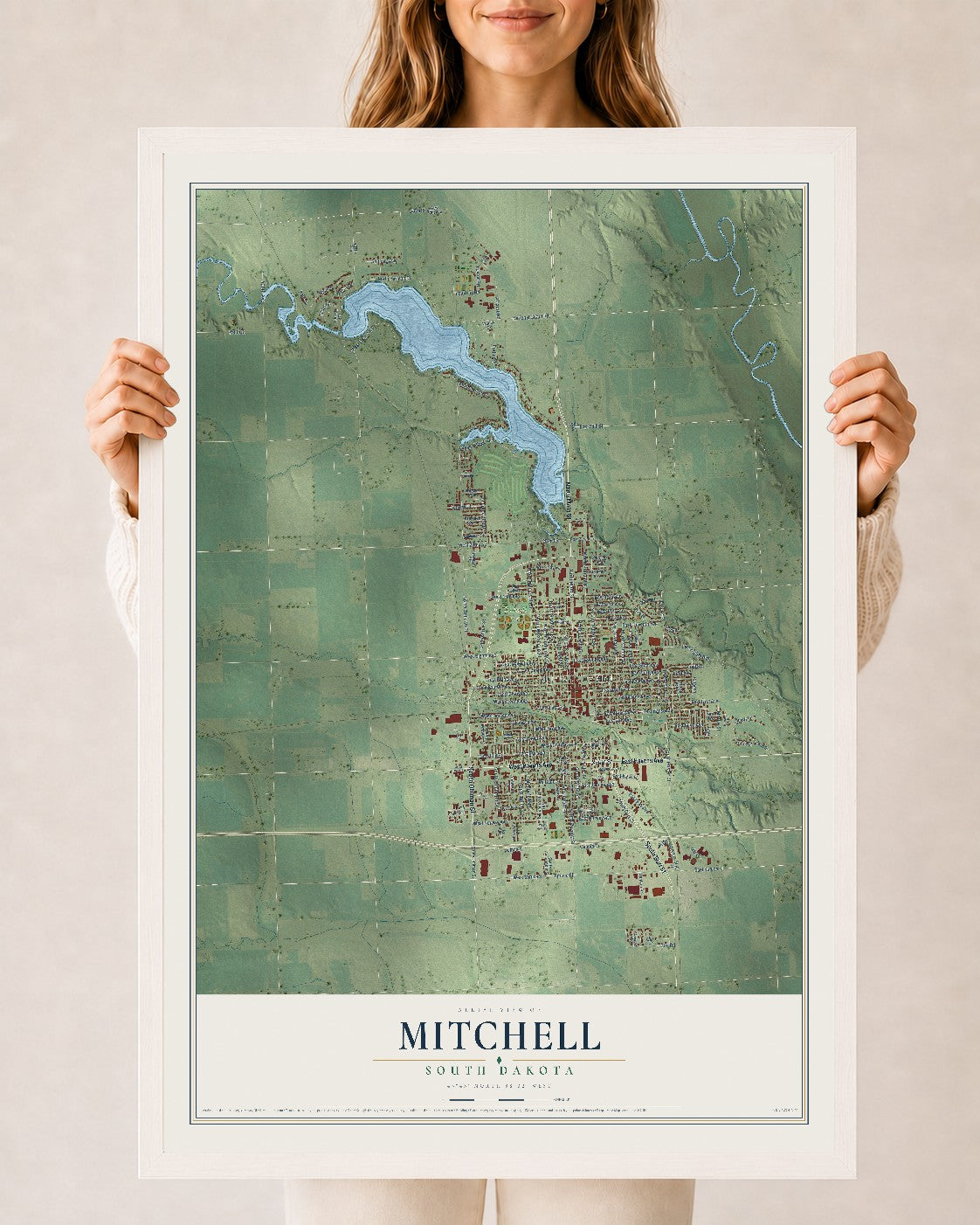 Map of Mitchell, South Dakota, 24 x 36 inch print in a white wood frame