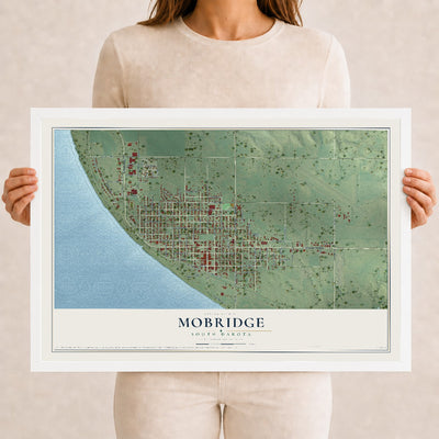 Map of Mobridge, South Dakota, 12 x 18 inch print in a white wood frame
