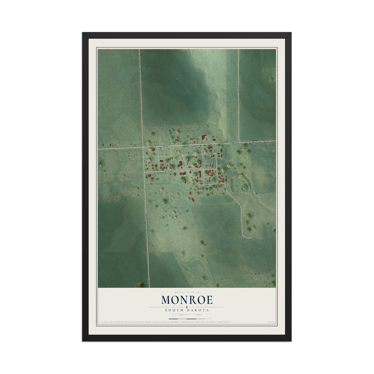 Map of Monroe, South Dakota, 12 x 18 inch print in a black wood frame