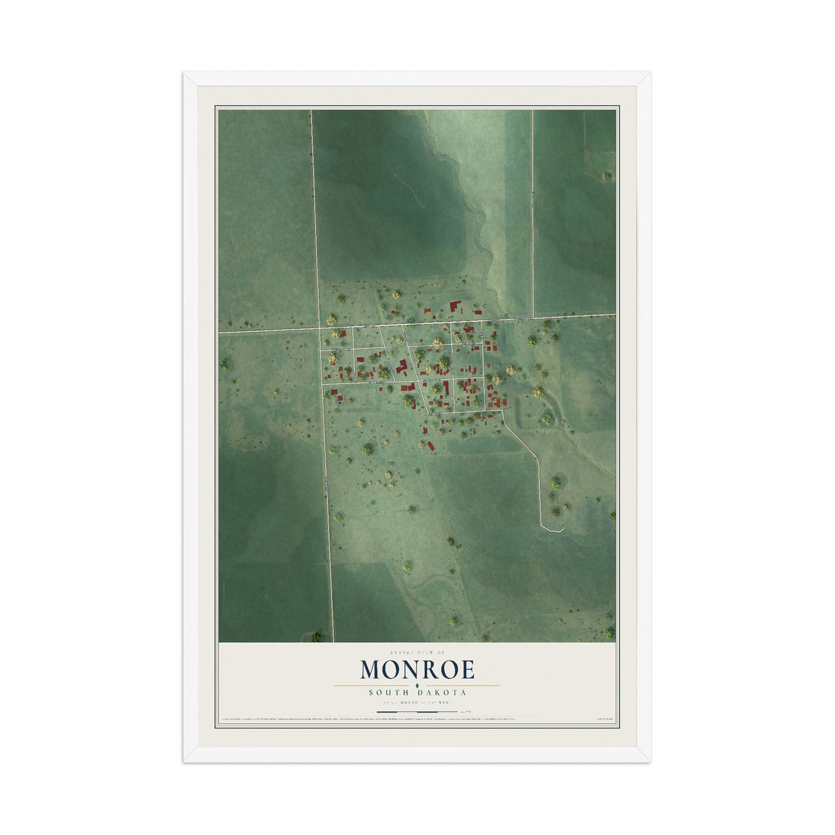 Map of Monroe, South Dakota, 12 x 18 inch print in a white wood frame