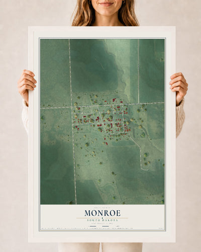 Map of Monroe, South Dakota, 24 x 36 inch print in a white wood frame