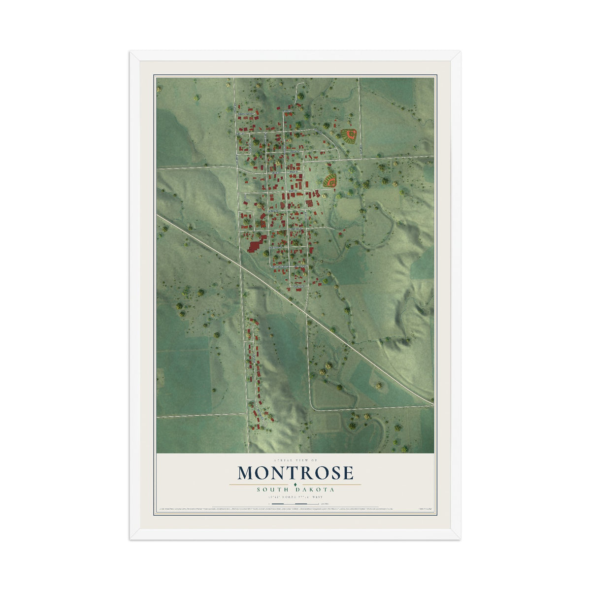 Map of Montrose, South Dakota, 12 x 18 inch print in a white wood frame
