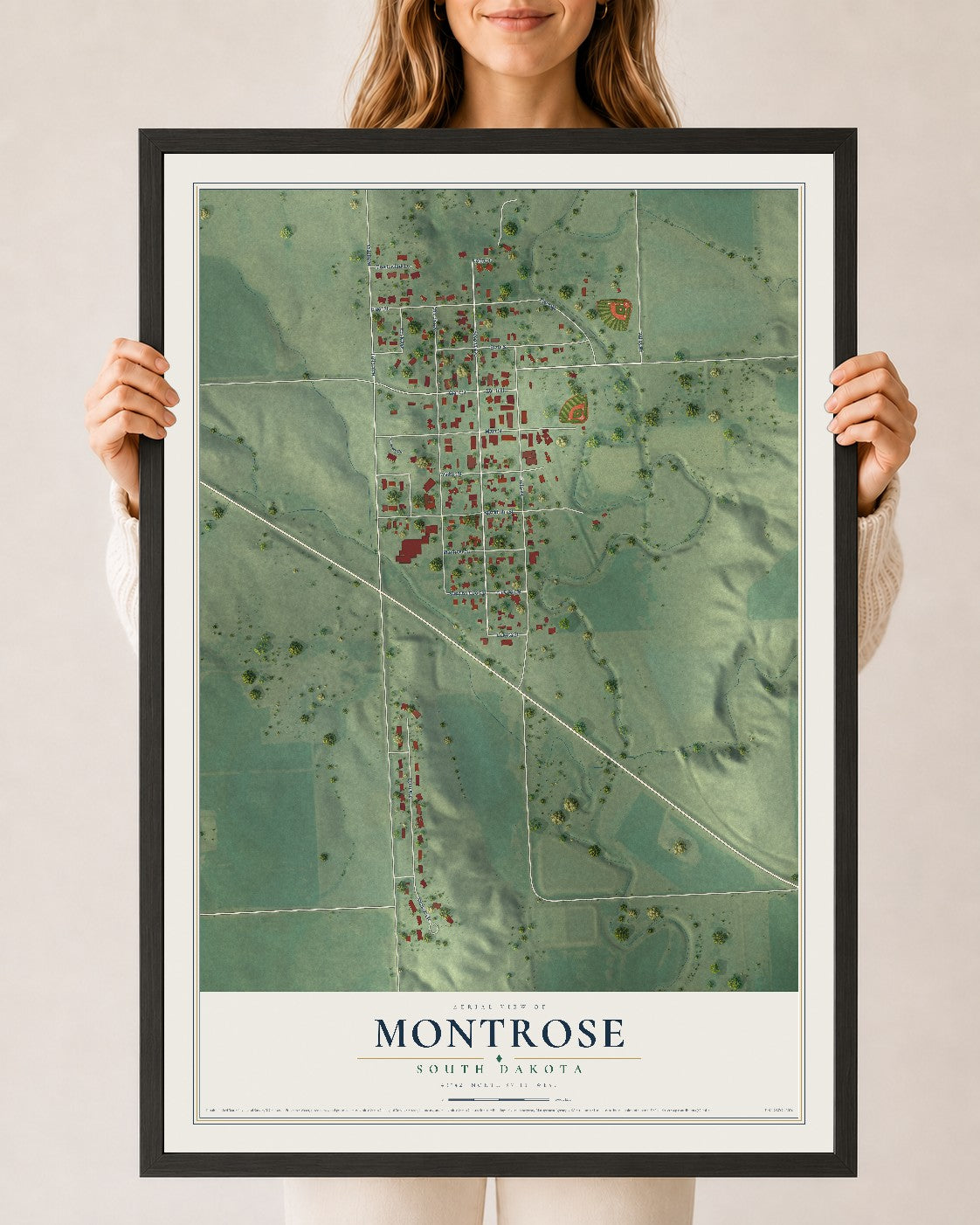 Map of Montrose, South Dakota, 24 x 36 inch print in a black wood frame