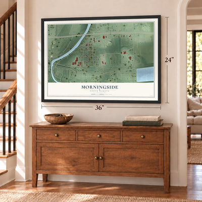 Morningside, South Dakota map, 24 x 36 inch print in a black frame above a dresser by a staircase