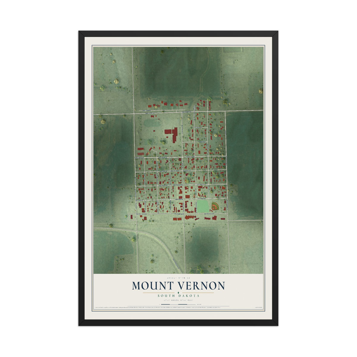 Map of Mount Vernon, South Dakota, 12 x 18 inch print in a black wood frame
