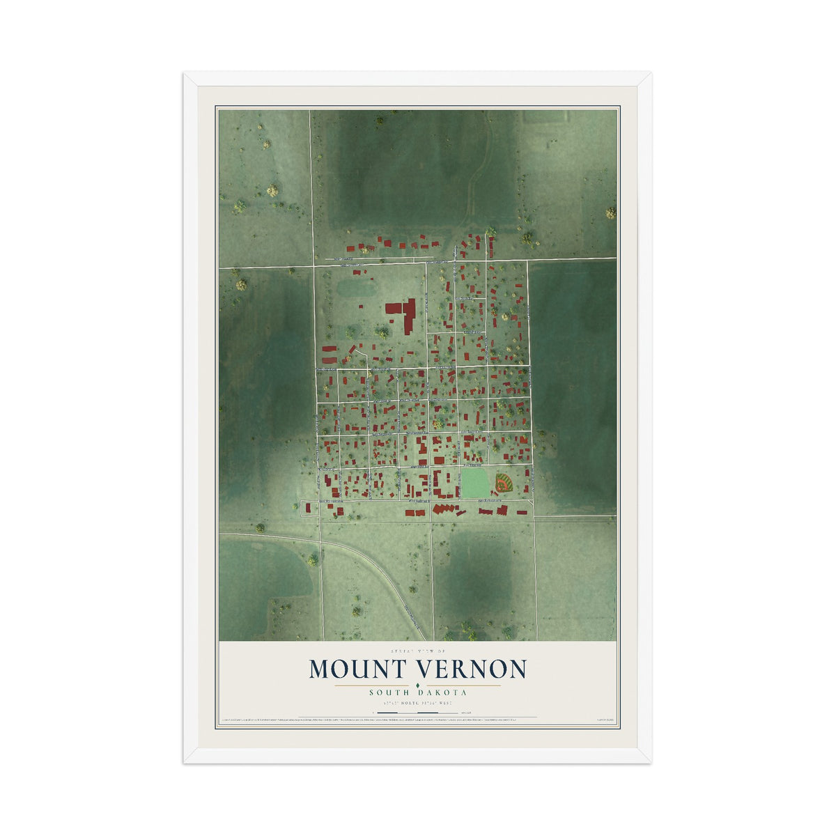 Map of Mount Vernon, South Dakota, 12 x 18 inch print in a white wood frame