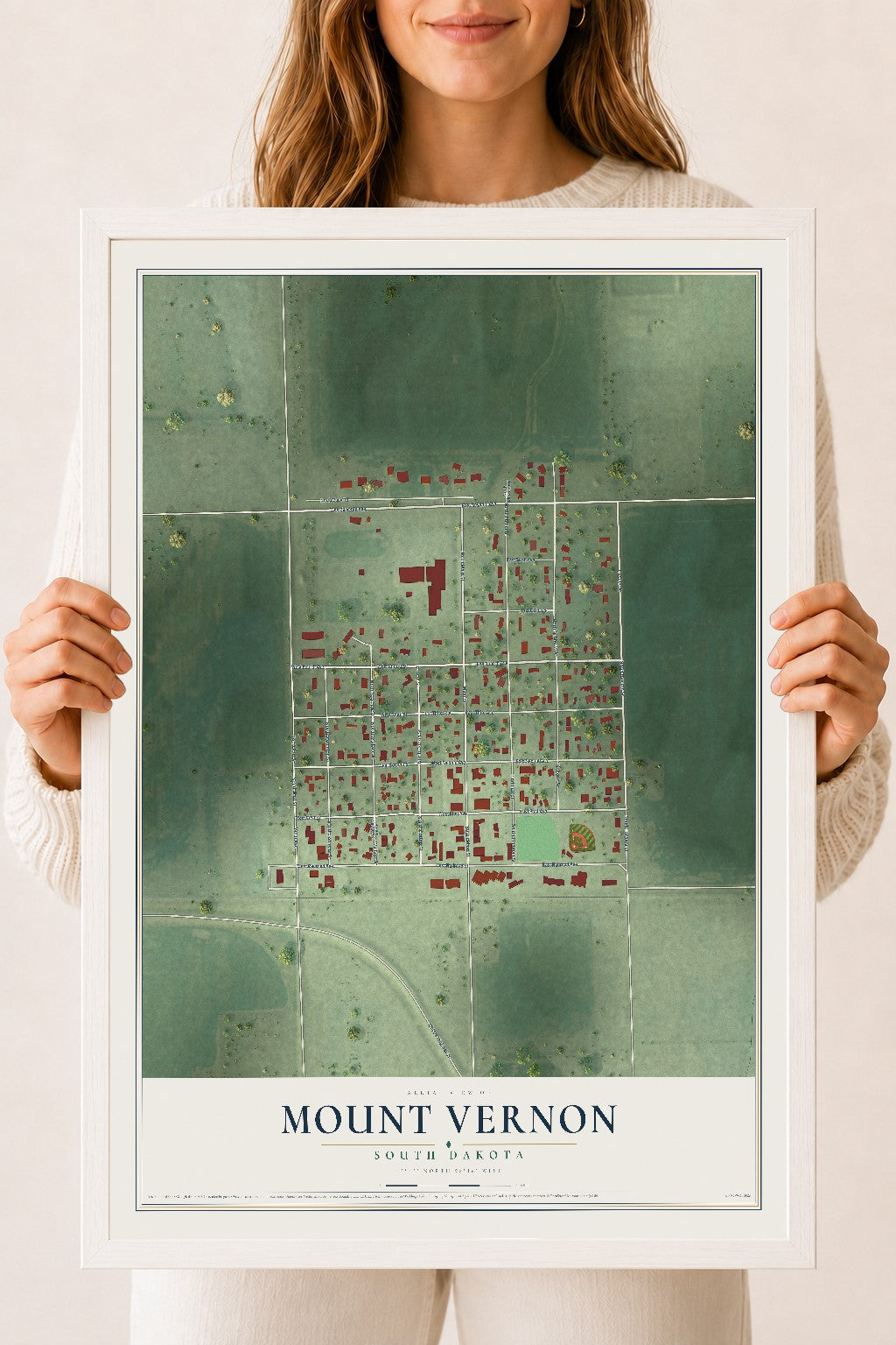 Map of Mount Vernon, South Dakota, 18 x 24 inch print in a white wood frame