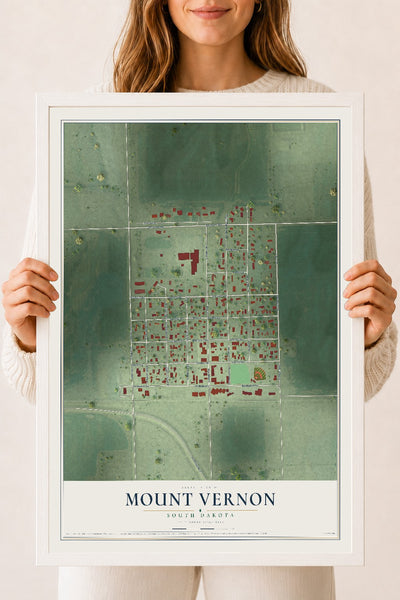 Map of Mount Vernon, South Dakota, 18 x 24 inch print in a white wood frame