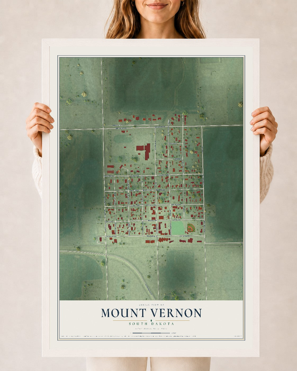 Map of Mount Vernon, South Dakota, 24 x 36 inch print in a white wood frame