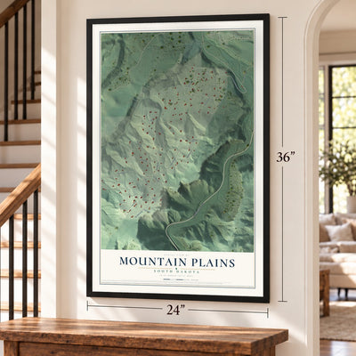 Mountain Plains, South Dakota map, 24 x 36 inch print in a black frame by a staircase