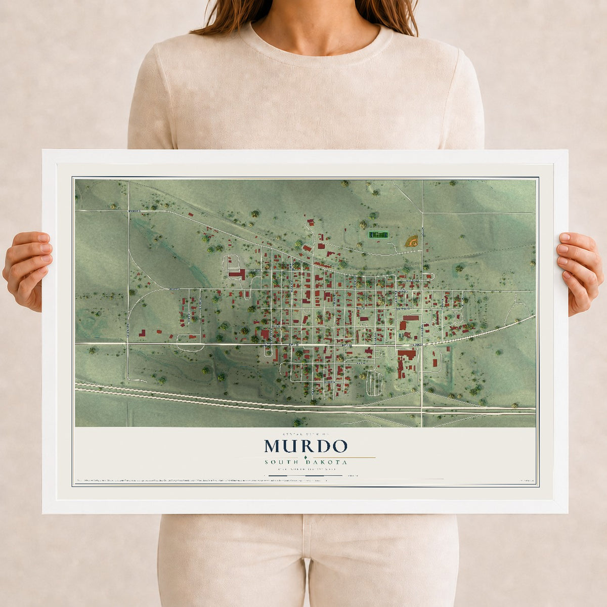 Map of Murdo, South Dakota, 12 x 18 inch print in a white wood frame