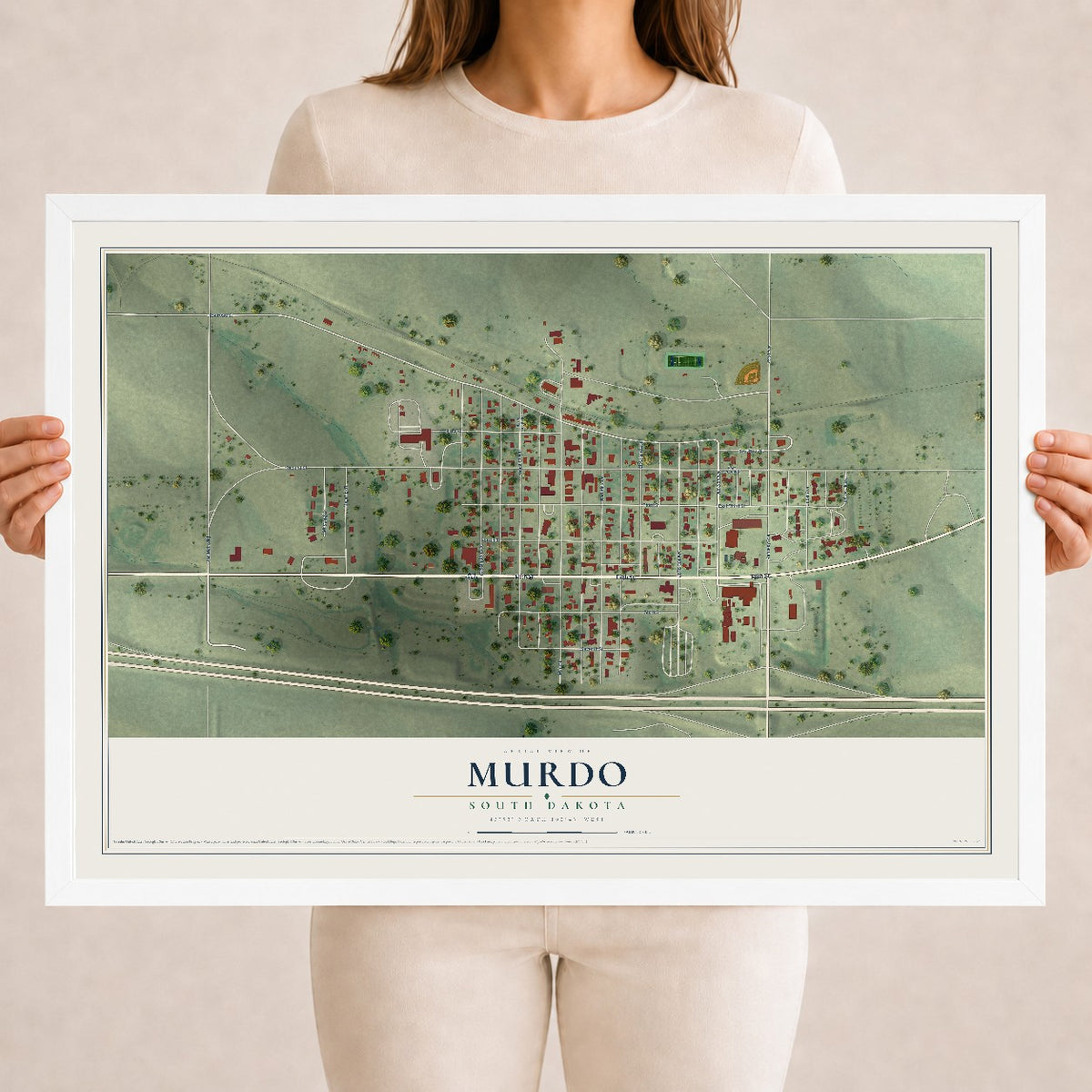 Map of Murdo, South Dakota, 18 x 24 inch print in a white wood frame