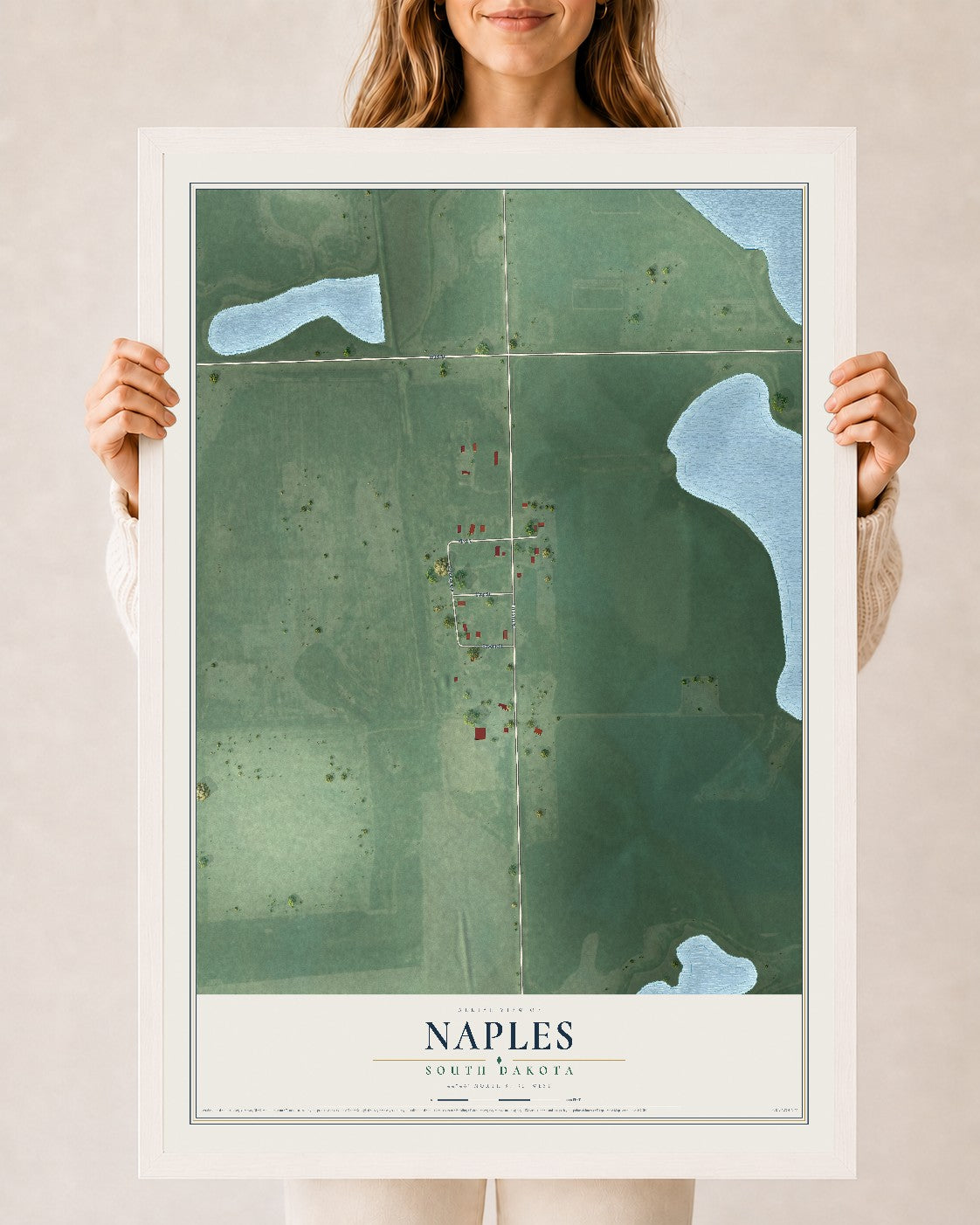 Map of Naples, South Dakota, 24 x 36 inch print in a white wood frame
