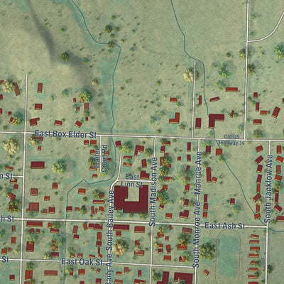 Close-up of the map of New Underwood, South Dakota print showing street and building detail