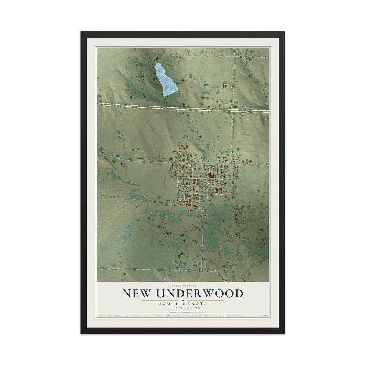 Map of New Underwood, South Dakota, 12 x 18 inch print in a black wood frame
