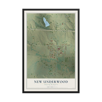 Map of New Underwood, South Dakota, 12 x 18 inch print in a black wood frame