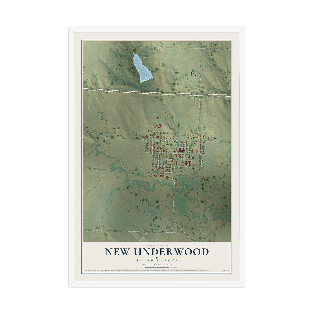 Map of New Underwood, South Dakota, 12 x 18 inch print in a white wood frame