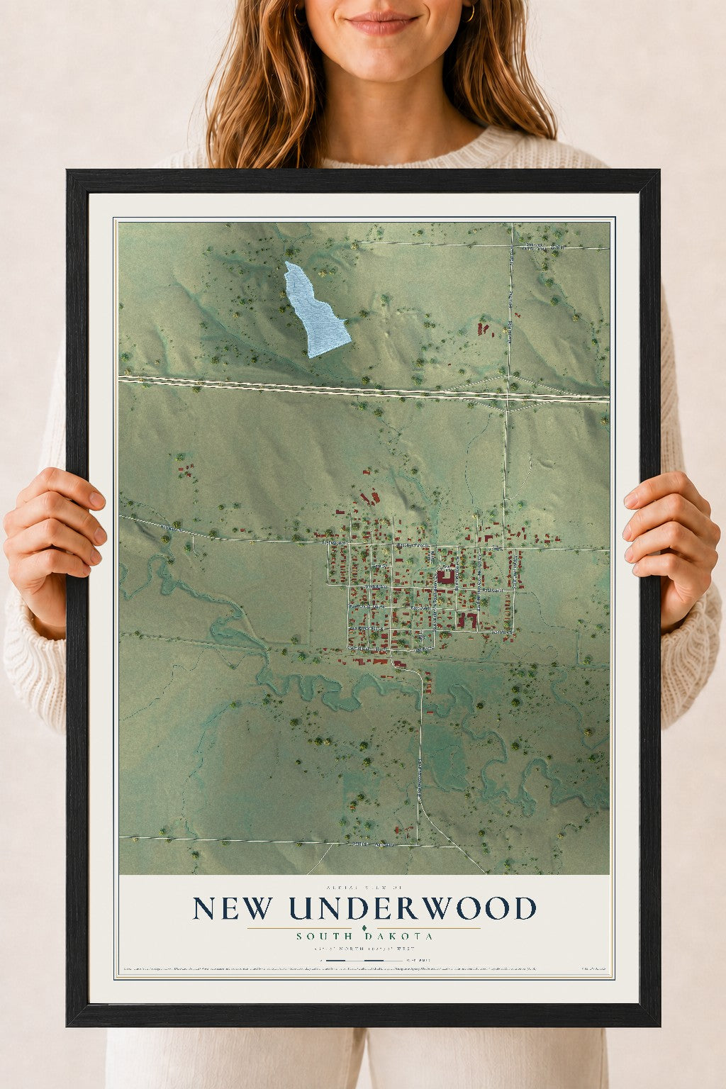 Map of New Underwood, South Dakota, 18 x 24 inch print in a black wood frame