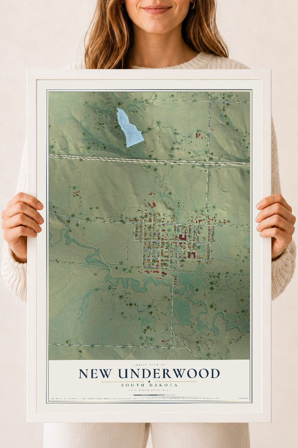 Map of New Underwood, South Dakota, 18 x 24 inch print in a white wood frame