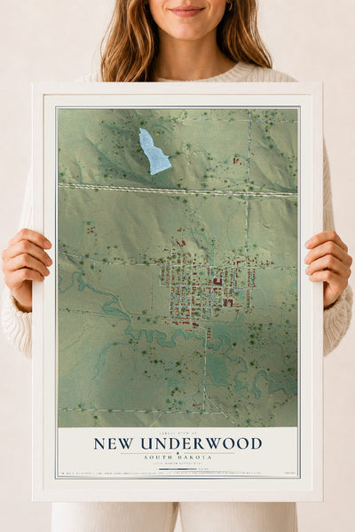 Map of New Underwood, South Dakota, 18 x 24 inch print in a white wood frame