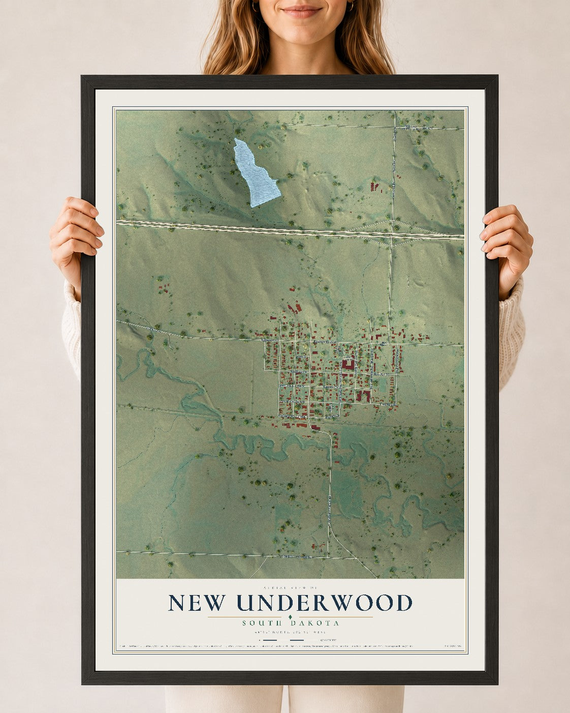 Map of New Underwood, South Dakota, 24 x 36 inch print in a black wood frame