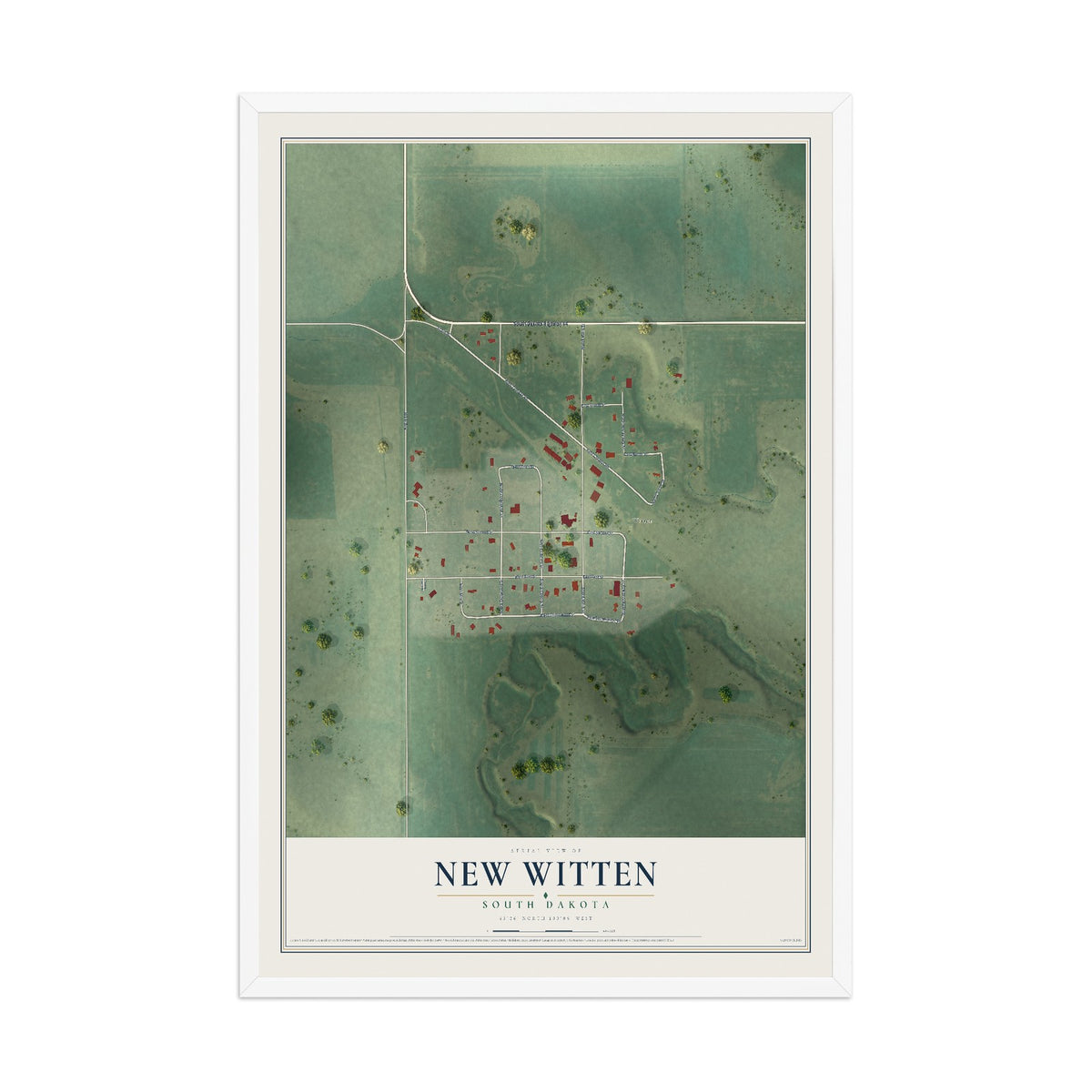 Map of New Witten, South Dakota, 12 x 18 inch print in a white wood frame