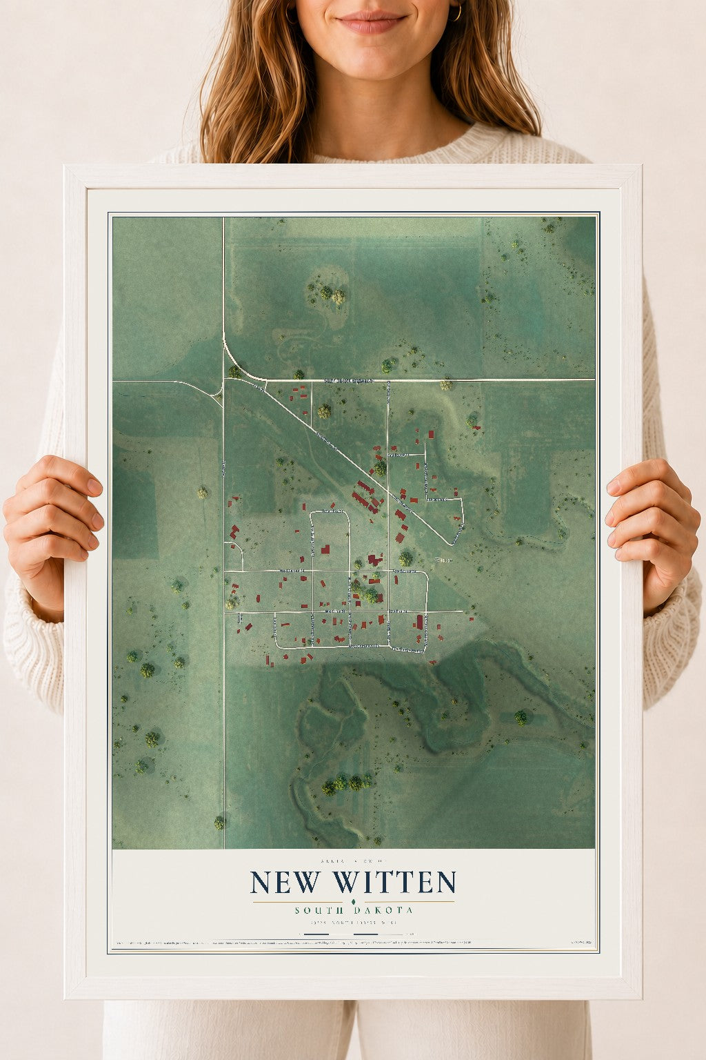 Map of New Witten, South Dakota, 18 x 24 inch print in a white wood frame