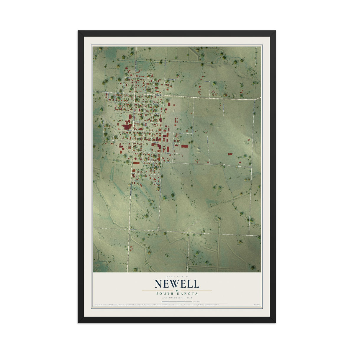 Map of Newell, South Dakota, 12 x 18 inch print in a black wood frame