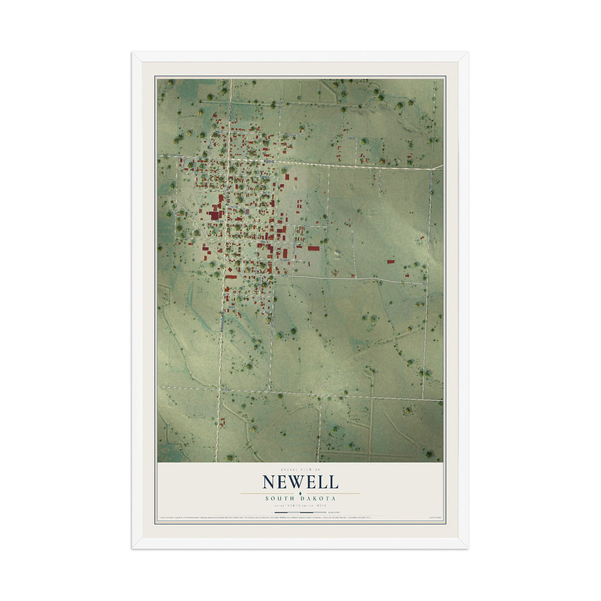 Map of Newell, South Dakota, 12 x 18 inch print in a white wood frame